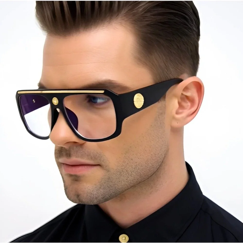 Mens Oversized Square Aviator Glasses Black Gold Flat Top Clear Lens Fashion NEW